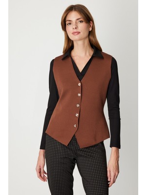 On Kadın V Yaka Triko Yelek 66915 Kahverengi
