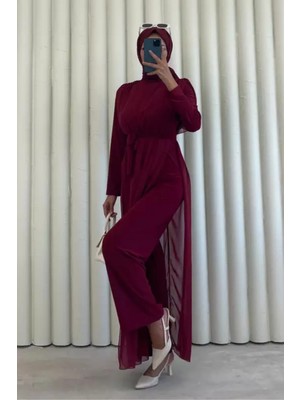 Tesettür Diyarı Kadın Seyyar Kemerli Şifon Uzun Tulum Elbise- Bordo