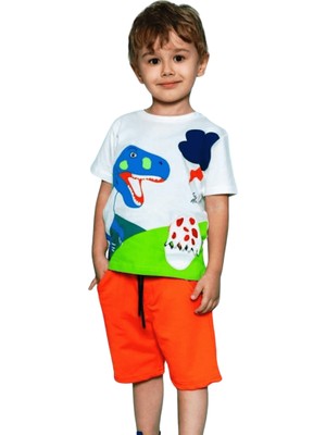 Mackays Erkek Çocuk Dinozor Baskılı İkili Takım – Turuncu Şortlu %100 Pamuk Yazlık Kombin