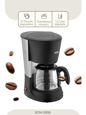 Sinbo SCM-2938 Filtre Kahve Makinesi 1.2 L Kapasite, Cam Hazne ve Damlama Emniyeti ile Siyah