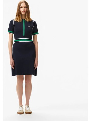 Lacoste Kadın Classic Fit Kısa Kollu Polo Yaka Renk Bloklu Lacivert Elbise