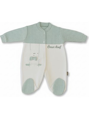 Tesbihname Tavşan Desenli Isme Özel Nakışlı Yeşil Beyaz Bebek Tulumu 0-3 Ay