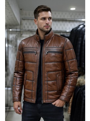 Erkek Kahverengi Deri Mont E07 Slim Fit Dik Yaka Taba Renkli Özel Tasarım