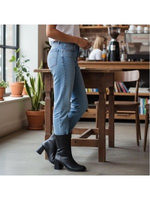 Ne&Ve Shoes Siyah Deri Kalın Topuklu Arkada Fermuarlı Kadın Bot