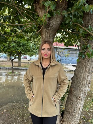 ARZ Kadın Önü Fermuarlı Cepli Camel Renk Polar Ceket