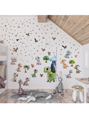 Ettycat Design Sevimli Dinazorlar Temalı Boy Ölçerli Duvar Sticker Seti - Mat, Sökülebilir, Çocuk Odası Dekoru