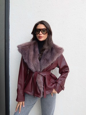 Esra Helvacı Kürk Yaka Kuşaklı Deri Ceket