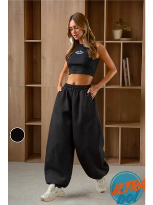 BSBSPOR Kalın Kışlık Bol Tarz Eşofman Altı Şardonlu Kadın Erkek Gri / Siyah