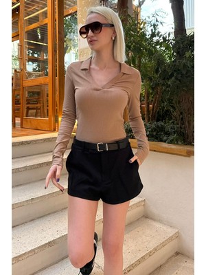 Madmext Bej Polo Yaka Fitilli Kadın Body MG2566