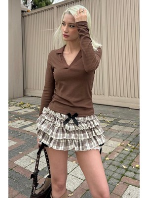 Madmext Acı Kahve Polo Yaka Fitilli Kadın Body MG2566