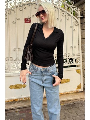 Madmext Siyah Polo Yaka Fitilli Kadın Body MG2566