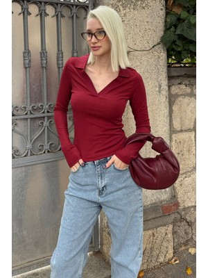 Madmext Bordo Polo Yaka Fitilli Kadın Body MG2566