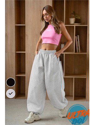 BSBSPOR Kalın Kışlık Bol Tarz Eşofman Altı Şardonlu Kadın Erkek Gri / Siyah