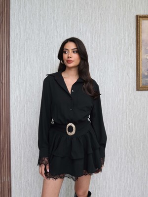 Esra Helvacı Gömlek Yaka Dantel Detay Mini Elbise