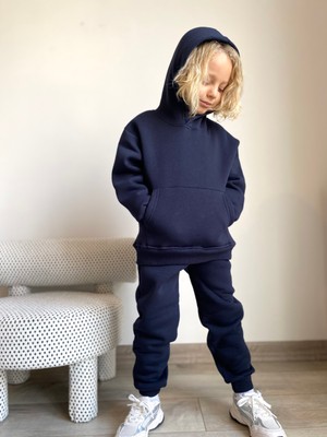 Seftex Erkek / Kız Çocuk Eşofman Takımı Kanguru Cepli Kapüşonlu 3 Iplik Şardonlu Lacivert