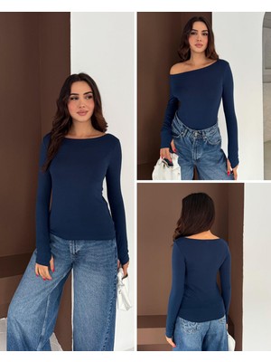 Elaxi Kadın Kayık Yaka Parmak Geçmeli Uzun Kollu Full Likralı Pamuk Viskon Buzzy Body Tişort