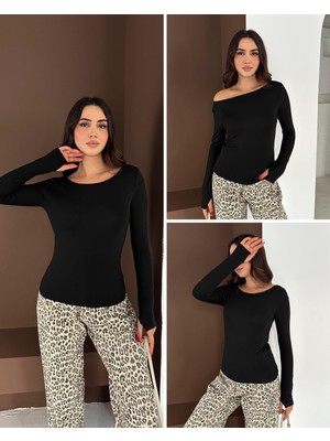 Elaxi Kadın Kayık Yaka Parmak Geçmeli Uzun Kollu Full Likralı Pamuk Viskon Buzzy Body Tişort