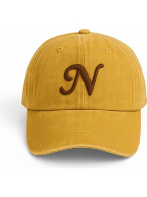 Tesbihname Isme Özel Harf Nakışlı Sarı Vintage Stil Eskitme Kumaş Ayarlanabilir Unisex Beyzbol Şapkası