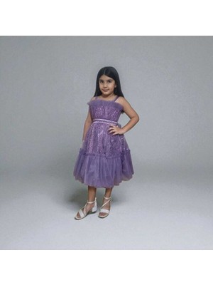 Tüllü Pul Işlemeli Kısa Kız Çocuk Abiye Elbise 5-10 Yaş