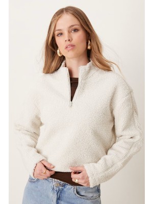 Calvin Klein Sport Sherpa Half Zip Sweatshirt Kadın Yarım Fermuar Rahat Kesim Crop Polar Sweatshirt Bej