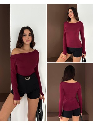 Elaxi Kadın Kayık Yaka Parmak Geçmeli Uzun Kollu Full Likralı Pamuk Viskon Buzzy Body Tişort