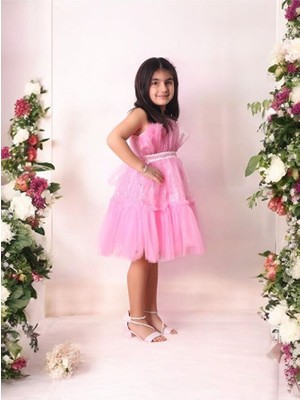 Tüllü Pul Işlemeli Kısa Kız Çocuk Abiye Elbise 5-10 Yaş