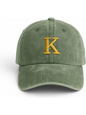 Tesbihname Isme Özel Harf Nakışlı Haki Vintage Stil Eskitme Kumaş Ayarlanabilir Unisex Beyzbol Şapkası