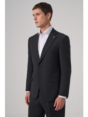 Morven  Erkek Siyah Yün Trend Çizgili Dynamic Fit Mono Yaka Takım Elbise