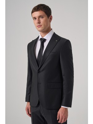 Morven  Erkek Lacivert Yünlü Trend Düz Slim Fit Sivri Yaka Takım Elbise