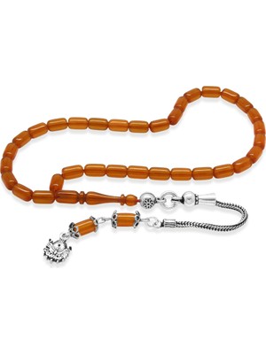 Tesbihname Ateş Kehribar Tesbih - 925 Ayar Gümüş Püsküllü - Mini Boy - Gün Batımı - Kapsül Kesim