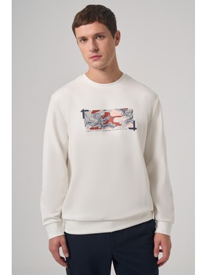 Morven  Erkek Ekru Trend Baskılı Bisiklet Yaka Sweatshirt