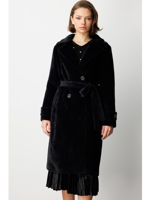 Ekol Kadın Beli Kuşaklı Peluş Kaban 6033 Siyah