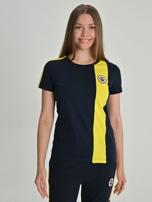 Fenerium Kadın Tribün Basic Tişört Sarı ve Lacivert Renkli Modern Tasarım