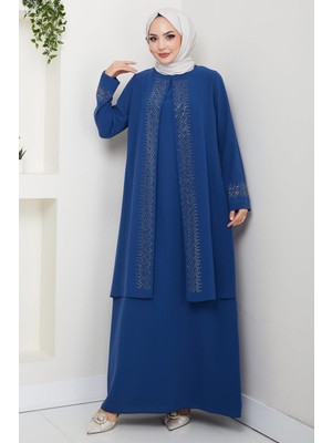 Parlak Taşlı Büyük Beden Anne Elbisesi Indigo HM2856