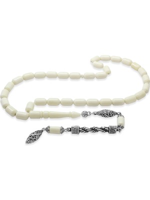 Tesbihname Kararmaz Metal Halat Püsküllü Uçlu Kapsül Kesim Beyaz Renk Deve Kemiği Tesbih