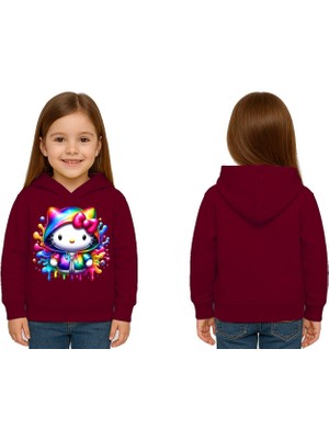 Sedirli Unisex Hello Kity  Baskılı Çocuk Swaetshirt  Baskılı Kapüşonlu 3 Iplik Şardonlu