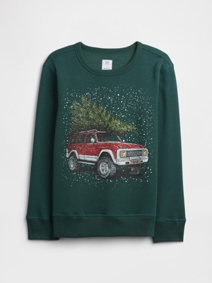 Gap Erkek Çocuk Yeşil Crewneck Grafik Baskılı Sweatshirt