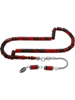 Tesbihname 925 Ayar Gümüş Püsküllü Kesme Kesim Mini Boy Kırmızı Siyah Ateş Kehribar Tesbih