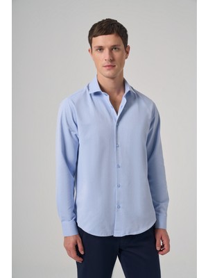 Morven  Erkek Mavi Polyester Trend Desenli Dynamic Fit Italyan Yaka Gömlek