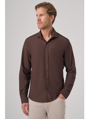 Morven  Erkek Kahve Trend Düz Slim Fit Tam Italyan Yaka Gömlek
