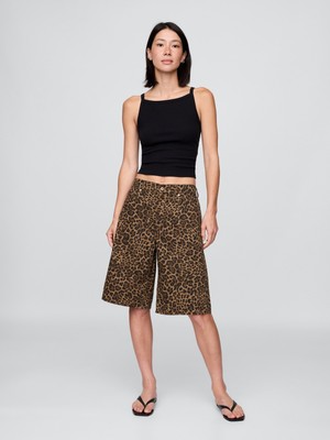 Gap Kadın Kahverengi 11" Mid Rise Denim Leopar Longline Şort