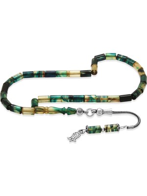 Tesbihname Ateş Kehribar Tesbih - 925 Ayar Gümüş Püsküllü - Mini Boy - Mavi Beyaz Renk - Kesme Kesim