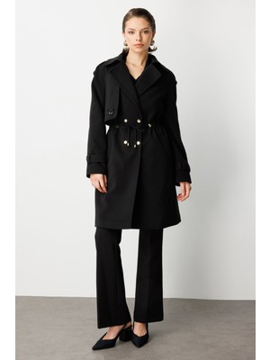 Ekol Kadın Beli Bağcıklı Apoletli Kaban 6037 Siyah