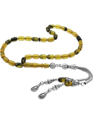 Tesbihname Ateş Kehribar Tesbih - Kararmaz Metal Damla Püsküllü - Soft Sarı Siyah - Mini Boy - Kapsül Kesim