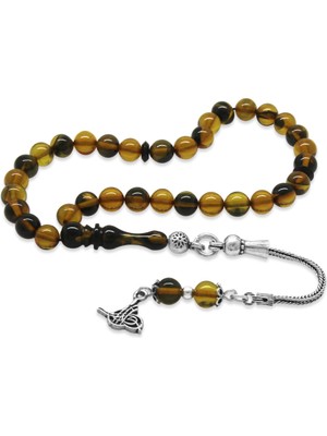 Tesbihname 925 Ayar Gümüş Püsküllü Küre Kesim Bilek Boy Sarı Siyah Ateş Kehribar Tesbih