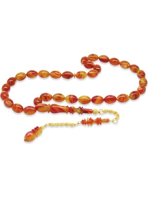 Tesbihname Altın Renk 925 Ayar Gümüş Püsküllü Imame Usta Işçilikli Arpa Kesim Turuncu Siyah Katalin Tesbih