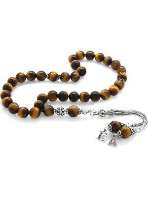 Tesbihname 925 Ayar Gümüş Çift Harf Püsküllü Küre Kesim Kaplan Gözü Doğaltaş Tesbih