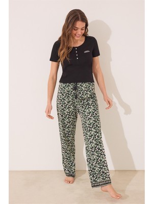 Women Secret Siyah Kısa Kollu Desenli Pijama Takımı