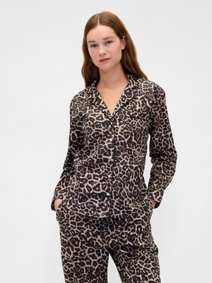 Gap Kadın Kahverengi Poplin Gömlek Pijama Üstü