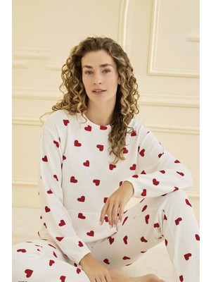 Remsa Kadın Waffle Kumaş Kalp Desen Pijama Takımı 70910 Ekru